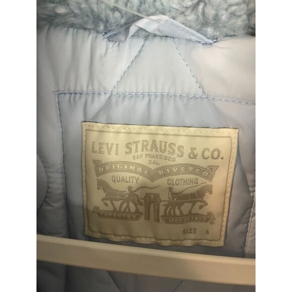 Levis Light Blue Faux Fur Sherpa Jacket Womens S Polyester Quilted Lining Warm - Picture 9 of 16